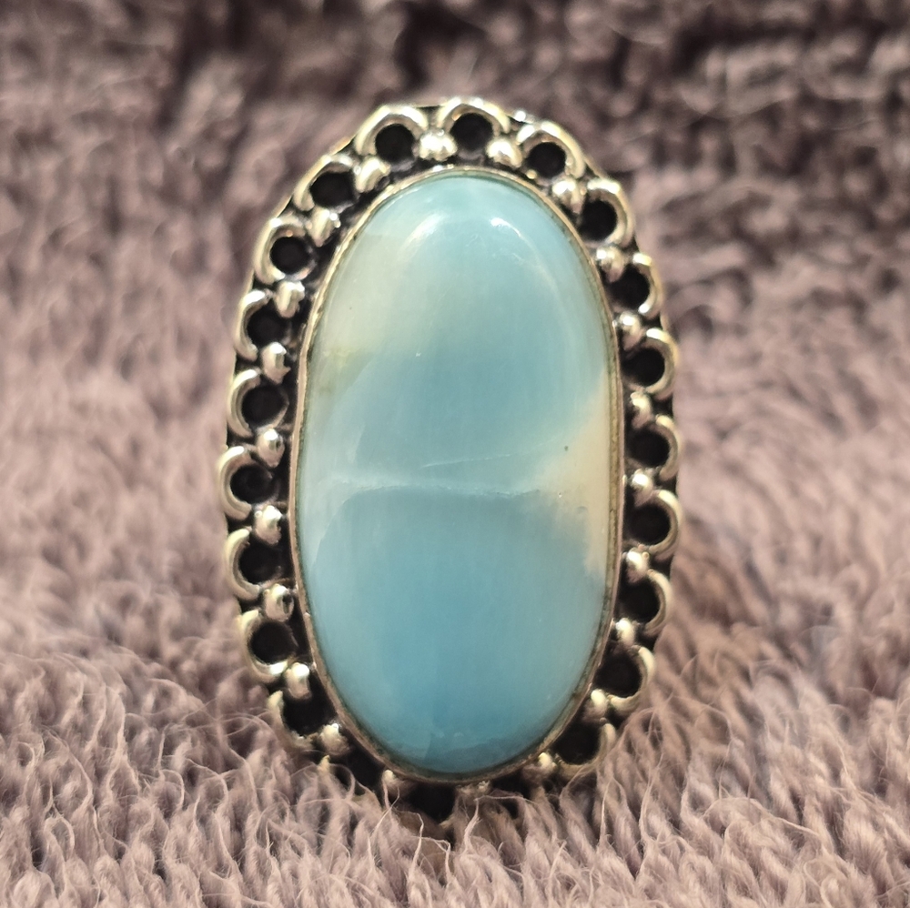 Vintage style, boho, Victorian style silver plated natural stone ring 6 1/2